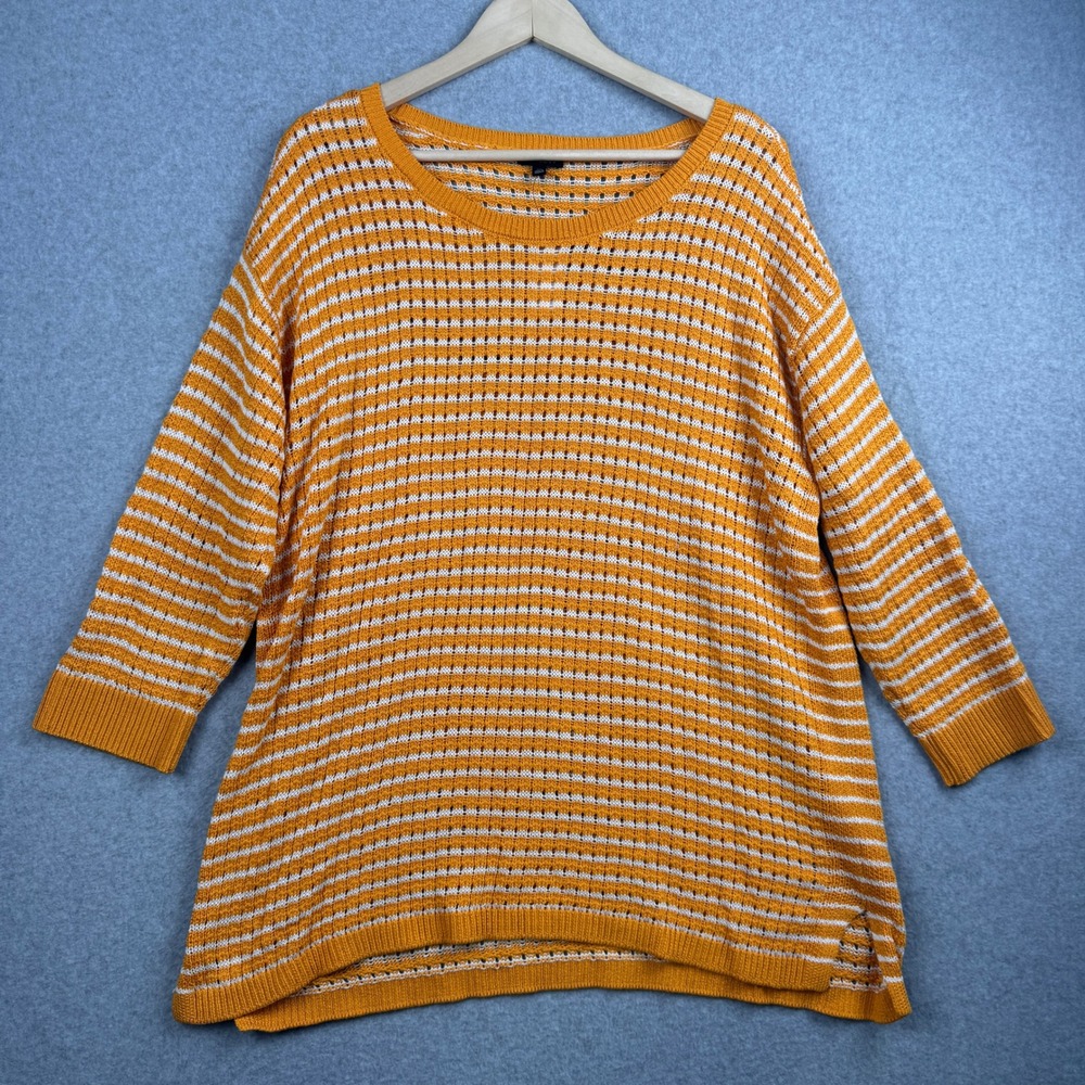 Talbots Sweater Womens XL Gold Yellow Striped Beachy Cotton Blend Open Knit NEW